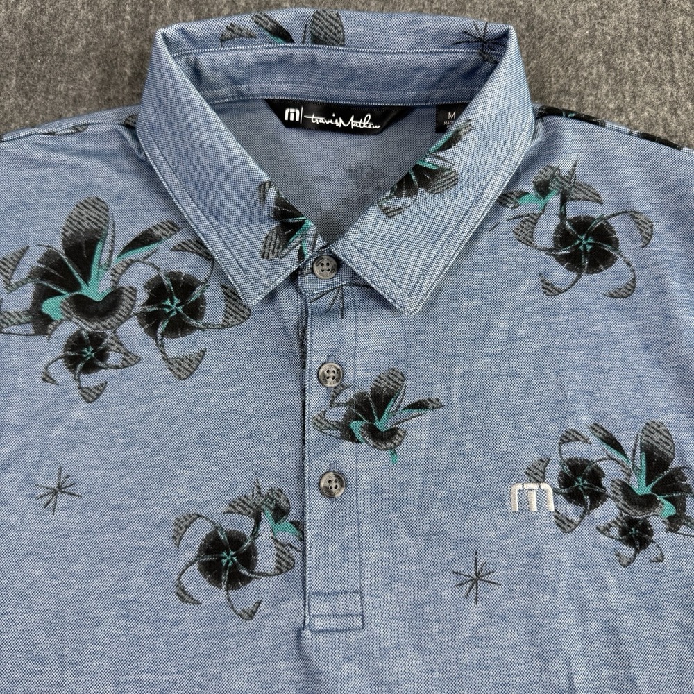 TravisMathew Men's M Polo Shirt Blue Floral Print Pima Cotton Golf Short Sleeve